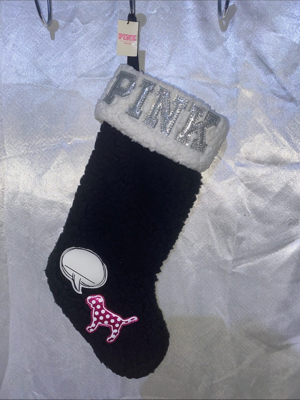 NWT PINK Victoria's Secret Black Fuzzy Stocking from 2019 with Glitter Logo